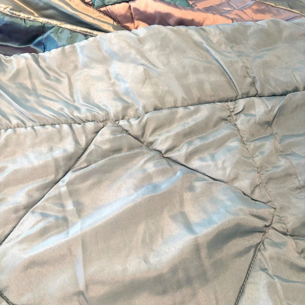 Iridescent Satin Patchwork Comforter Teal Purple Silver Embroidered Quilt Retro